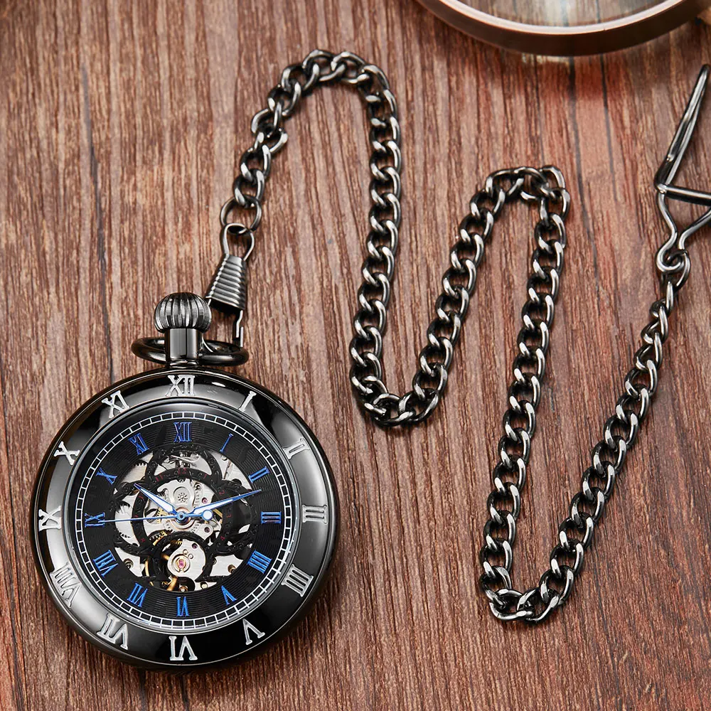 Vintage Crowns Design Carved Hollow Number Dial Mechanical Pocket Watch Men Chain Black Steampunk Black Mechanical Watch Clock