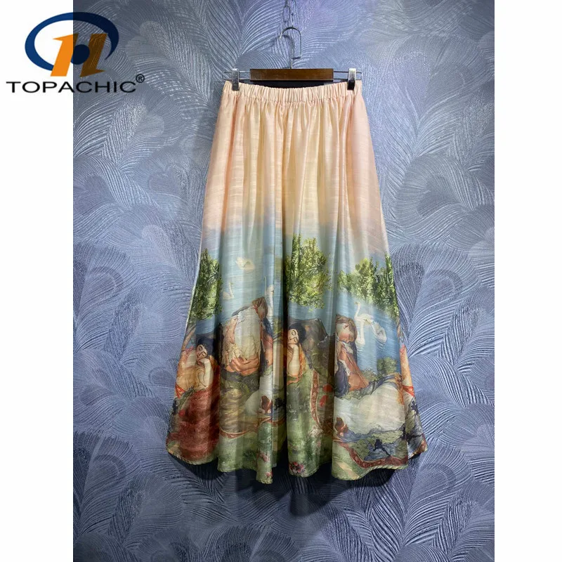 

4.20 High Quality Summer New Temperament Vintage Cartoon Print Elastic Waist Skirt A-Line Midi Skirt Women