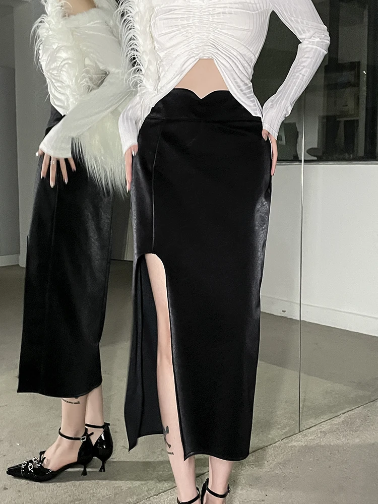 

Новинка 2023, женская одежда, готическая Черная юбка миди в стиле панк, элегантная женская юбка с высокой талией и разрезом, в стиле Харадзюку, Длинная зимняя одежда