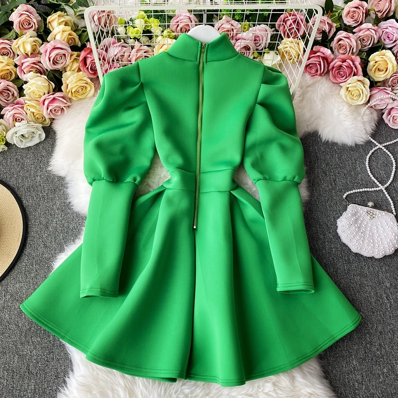 Gaganight Women French A line Big Swing Dress Female 2021 Autumn New Korean Temperament Ladies Puff Sleeve Waist Slimming | Женская