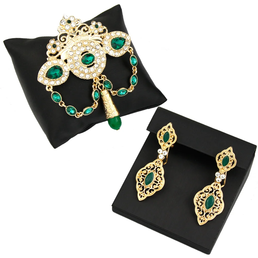 

Sunspicems 18K Gold Color Arabic Algeria Earring Brooch Sets For Women Bride Wedding Jewelry Crystal Caftan Brooch Pins Gifts
