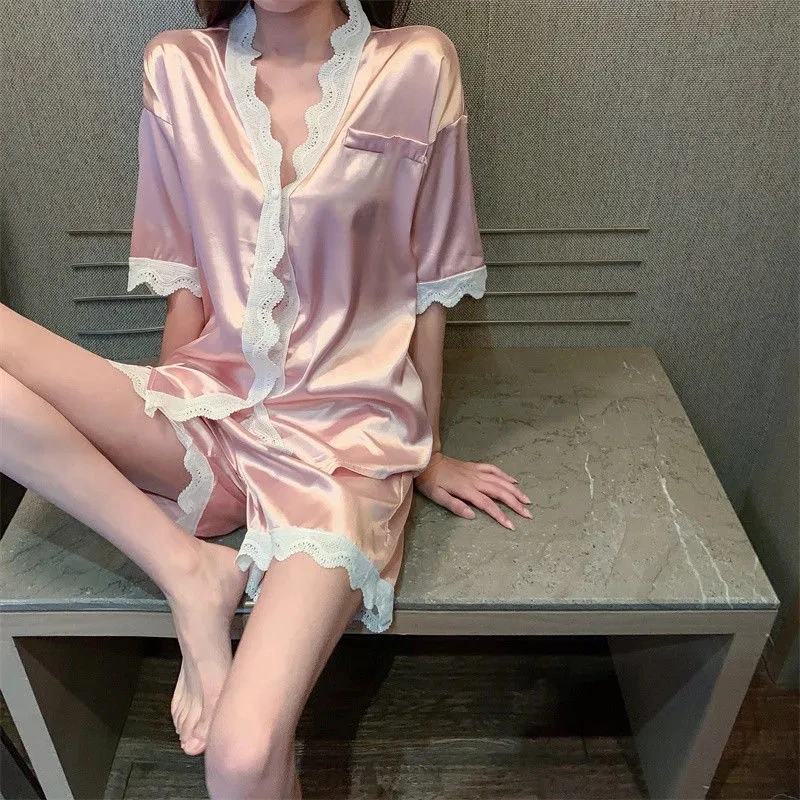 Женская шелковая пижама с коротким рукавом и шортами в Корейском стиле |