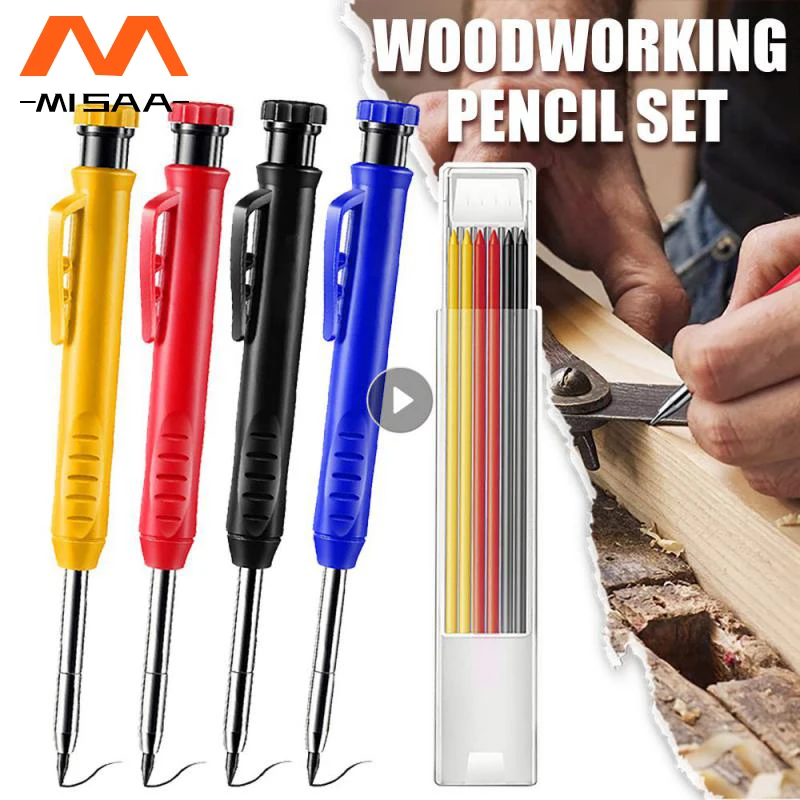 

Solid Carpenter Pencil Set Built-in Sharpener With 6 Refill Leads Mechanical Pencil Marking Tool Kit For Woodworking Architect