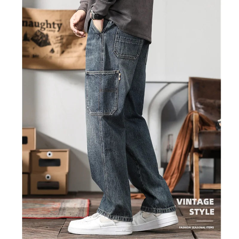 Men Clothing Vintage Loose Bluish Grey Jeans Straight Cylinder Cargo Pants Trousers Female 2022 Autumn and Winter New Pattern