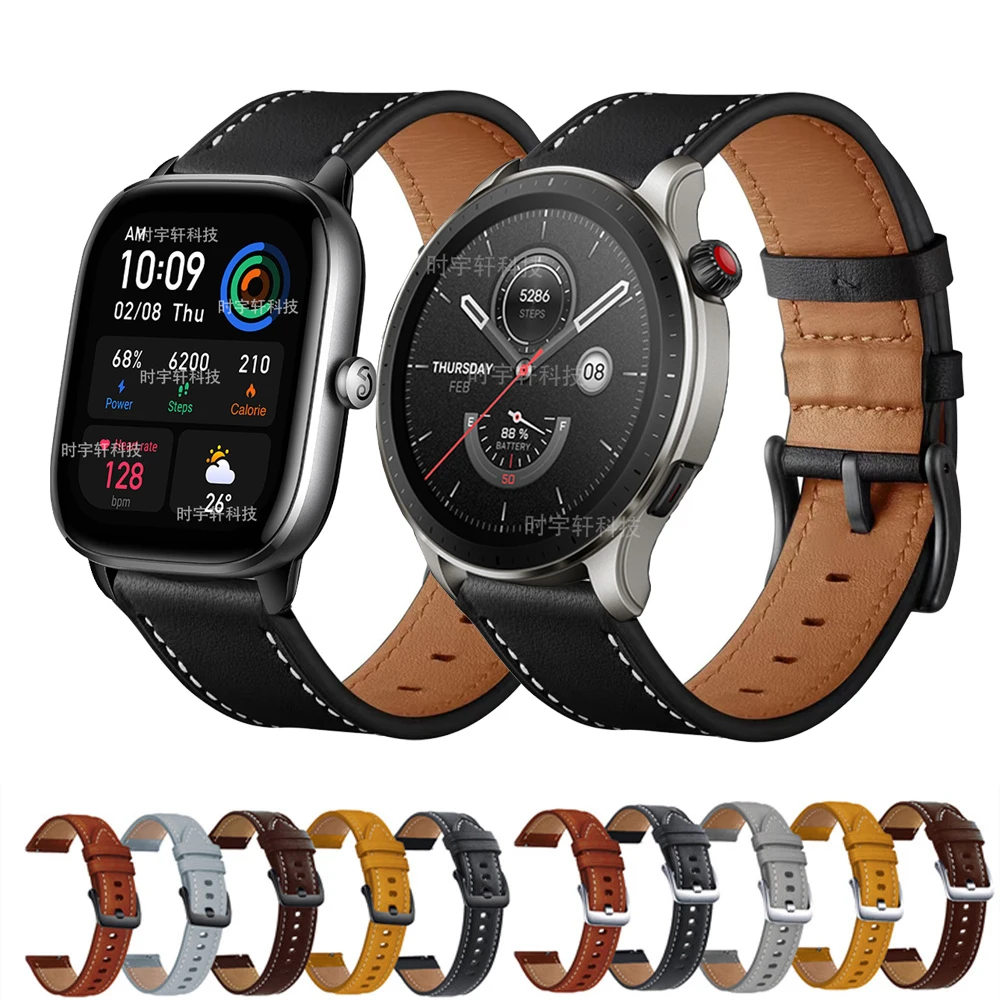 

Ремешок кожаный для Amazfit GTR 4 3 Pro, браслет для спортивных мужских наручных часов Amazfit GTS 4 2 mini 2E/Bip 3/Bip U, 22 мм 20 мм