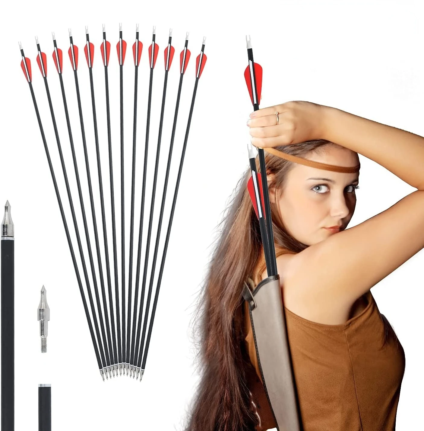 

6/12/24/48 Pcs 30 Inch Carbon Arrow Spine 500 with Replaceable Arrowhead for Compound and Recurve Bow Practice Archery Hunting
