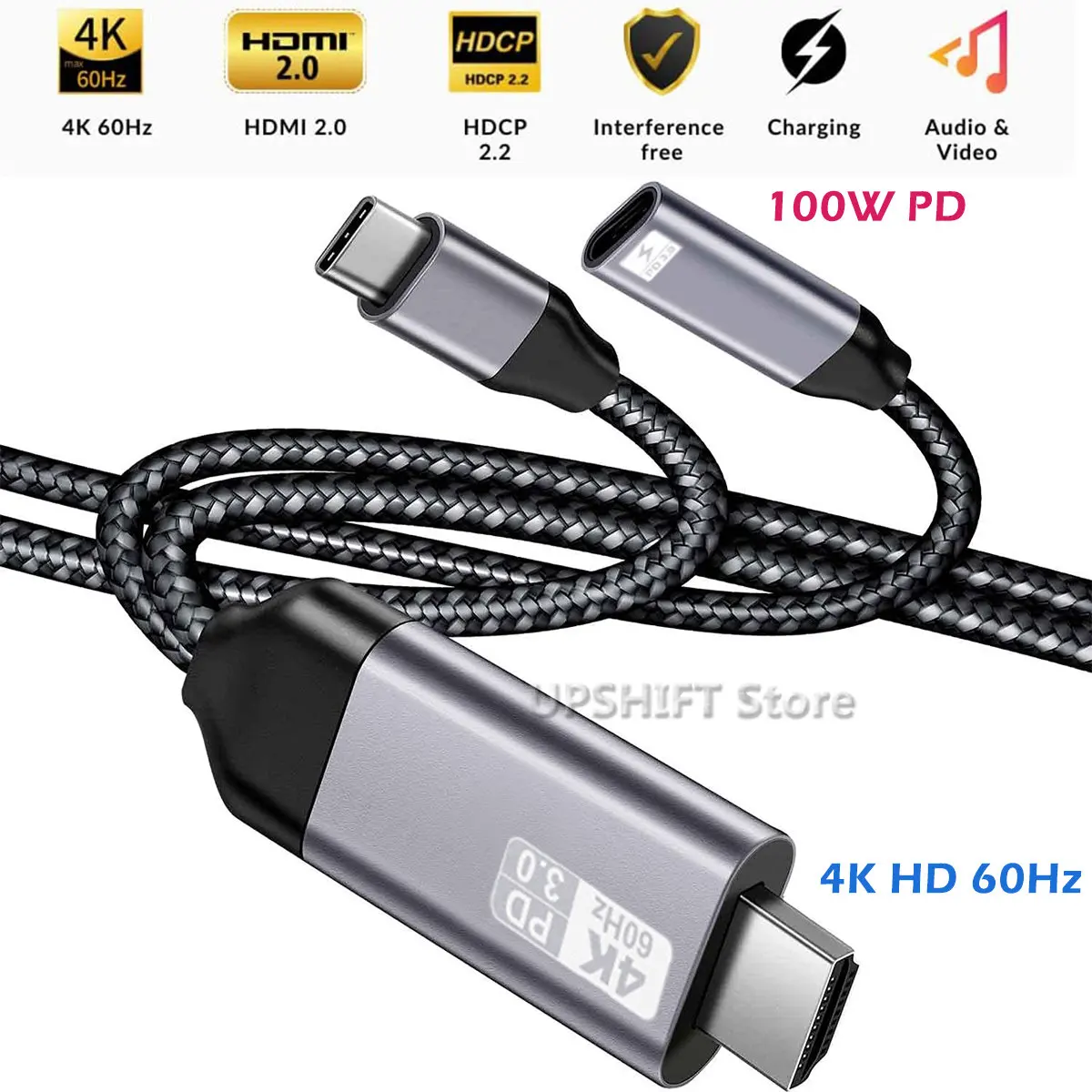 USB C To HDMI Cable with 100W PD,2-in-1 Type C to HDMI HD 4K 60Hz [USB4/ Thunderbolt 4/3 Compatible] for MacBook,Nintendo Switch