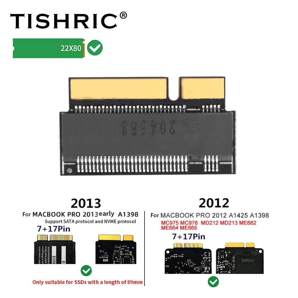 Адаптер TISHRIC M.2 KEY-M PCI-E для MACBOOK PRO 2013 ранний A1398 NVME с интерфейсом 6PIN + 17PIN MABOOK A145 |