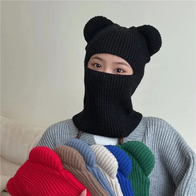

Knitted Warm Hats Full Face Cover Bear Ears Elastic Mask Cap Autumn Winter Outdoor Riding Ski Windproof Balaclava Scarf Skullies