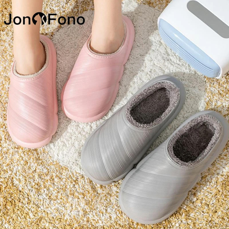 

Зимние новые тапочки JonoFono для мужчин и женщин, теплые хлопковые нескользящие плюшевые туфли, женские водонепроницаемые пушистые слиперы, п...