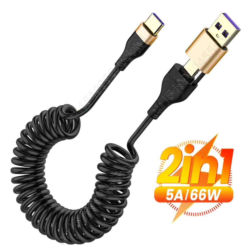 

2 в 1 пружинный USB C кабель, телескопический 66 Вт 5A кабель для быстрой зарядки Micro USB Type C для iPhone Samsung Huawei Xiaomi, провод для передачи данных, шнур