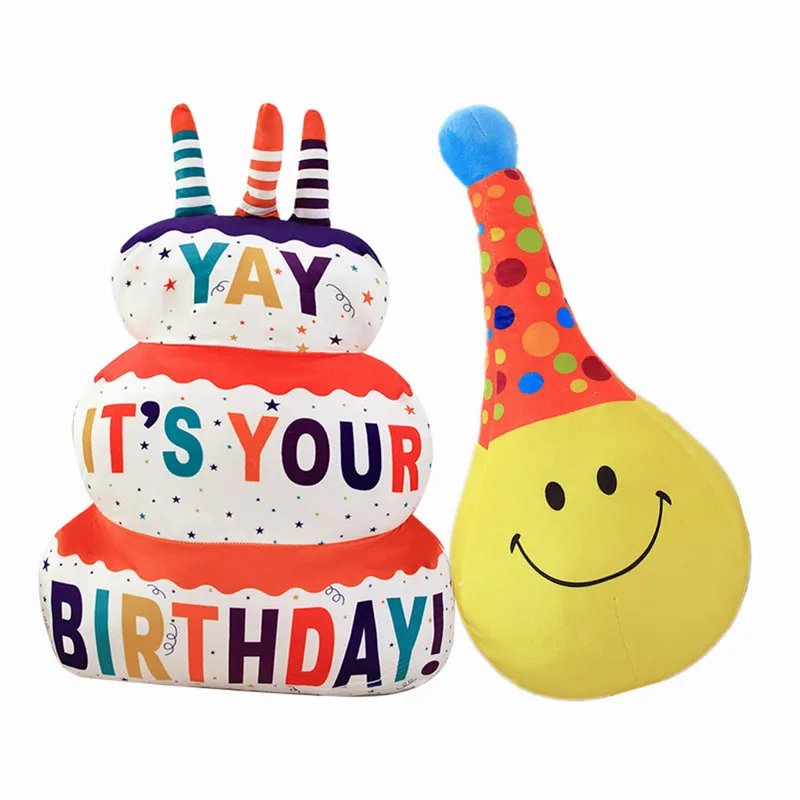 

Happy Birthday Cake Shape Pilliw Stuffed Party Cap Smile Ball Cushion For Kids Creative Pasty Decor Throw Pillow For Boy Cafe