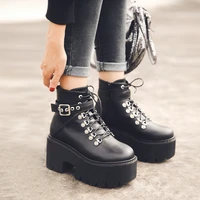 autumn winter chunky heel platform boots lace up black gothic boots women plush inside comfortable sexy buckle footwear