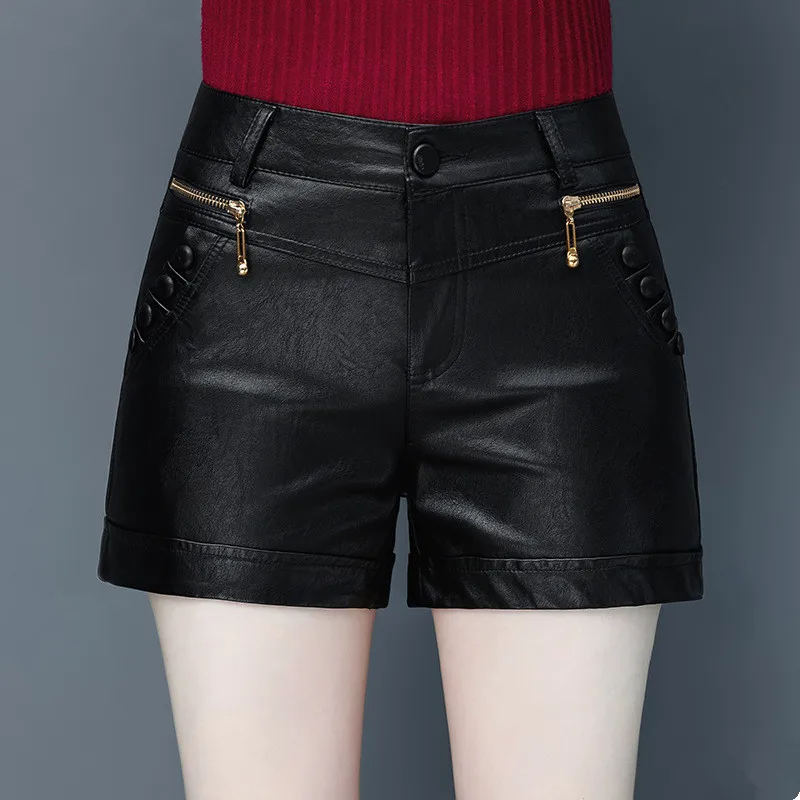 UHYTGF Spring And Autumn Leather Shorts Women's Korean Wide Leg Pants Ladies Casual PU Leather A-Line Pants New Female Pant 01