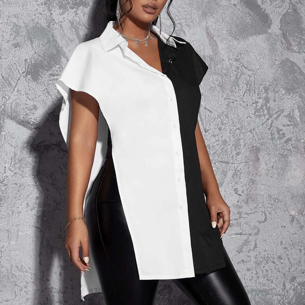 

2022 Women Fashion Blouse Sexy Non-sleeve Lv-neck Single-breasted Patchwork Western Style Elegant Loose Ladies Shirt For Summer