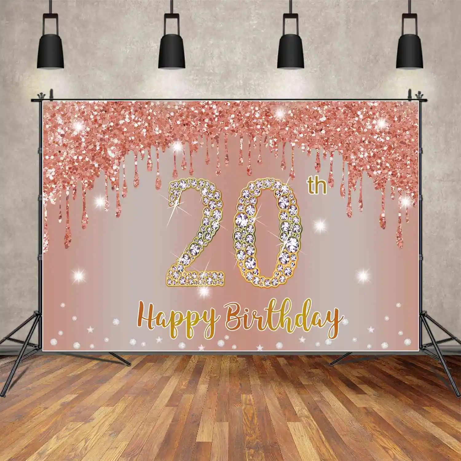 

MOON.QG Photography Background Women 20th Party Happy Birthday Backdrop Banner Props Custom Pink Glitter Diamond Wall Photoshoot