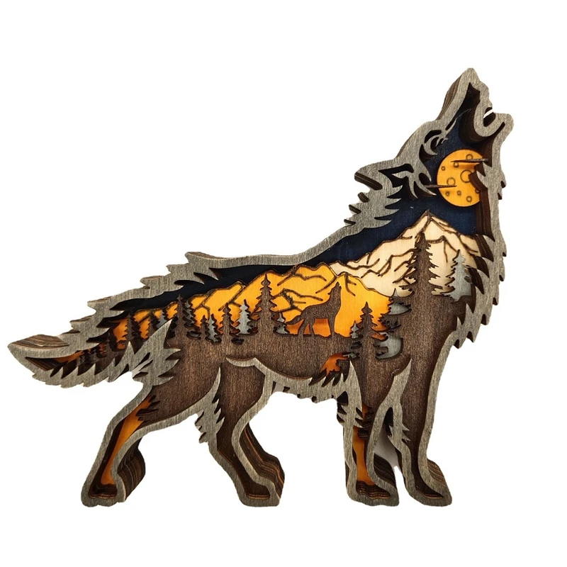 

Wooden Wolf Totem Creative Hollow Out Animals Household Office Desktop Christmas Carved Party Gifts Decoration Ornaments