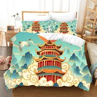 Chinese Ancient Architecture Landscape Duvet Cover Set Asian Mystical Chinese Mythology Cultural Polyester Bedding Set King Size