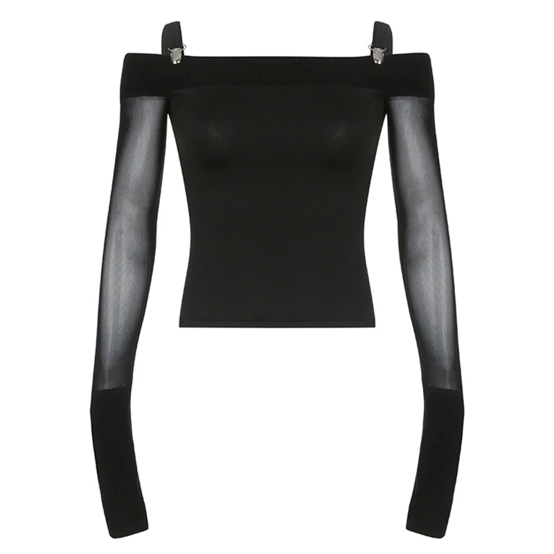

Women Rib Knit Trim Tee Tops Mesh Long Sleeve Cold Shoulder Suspender Clips Harajuku Gothic Bodycon Pullover T-Shirts