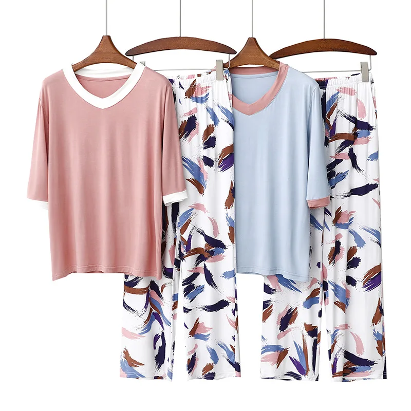 Modal Women Pajamas Set Pyjamas Spring New V Neck Contrasting Colors Half Sleeve Printing Casual Fit Loose Outdoor Nightclothing