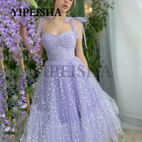 glittery sweetheart a line prom gown spaghetti strap bow lavender tea length evening dresses simple party dress robes de soir%c3%a9e