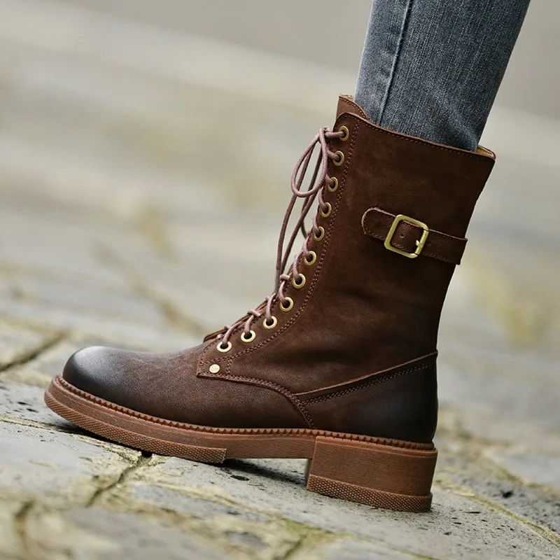 

Зимние ботинки с круглым носком, женская обувь с перекрестной шнуровкой, женские теплые ботинки, Уличная обувь в стиле ретро, женские ботинки из воловьей кожи на весну и осень