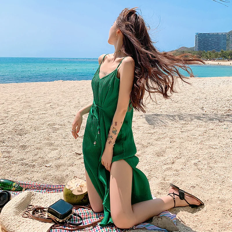 

Женское летнее платье-комбинация с V-образным вырезом, длинная юбка на шнуровке с разрезом и поясом, юбка для туристического курорта Sanya