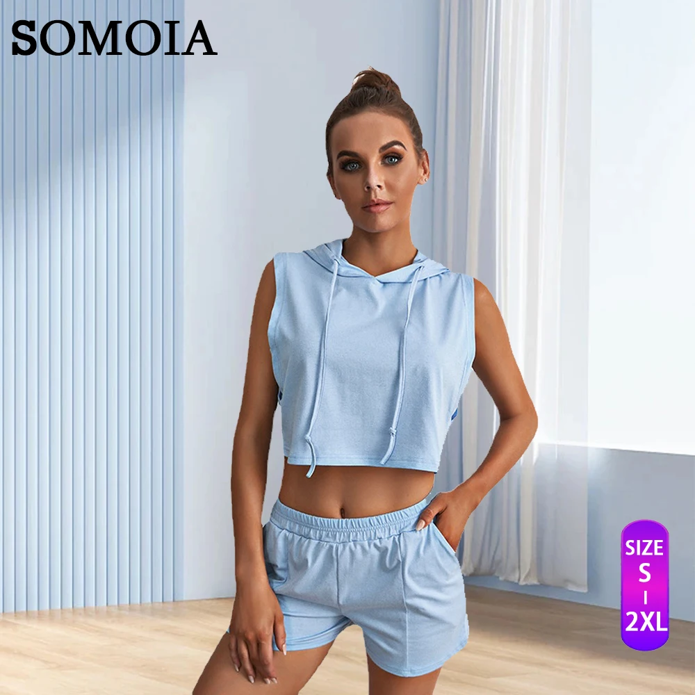 

SOMOIA Sleeveless Vest T-shirt Shorts Solid Color Sports Casual Hooded Two-piece Set Womens Outifits Wholesale Dropshipping