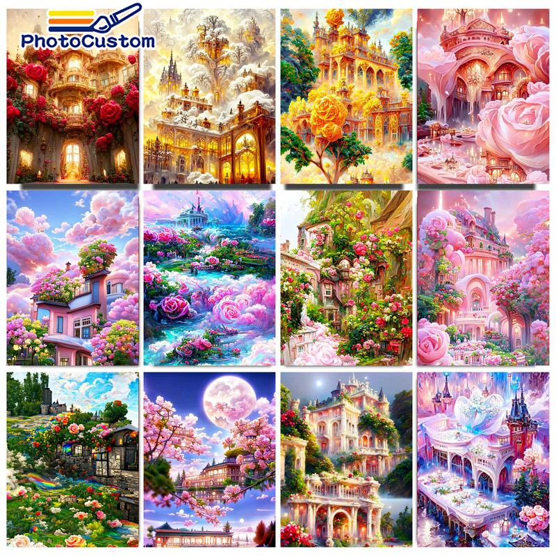 

PhotoCustom Paints By Numbers 40x50cm Castle Oil Painting By Numbers Set Gift Acrylic Coloring By Numbers Canvas For Home Decor