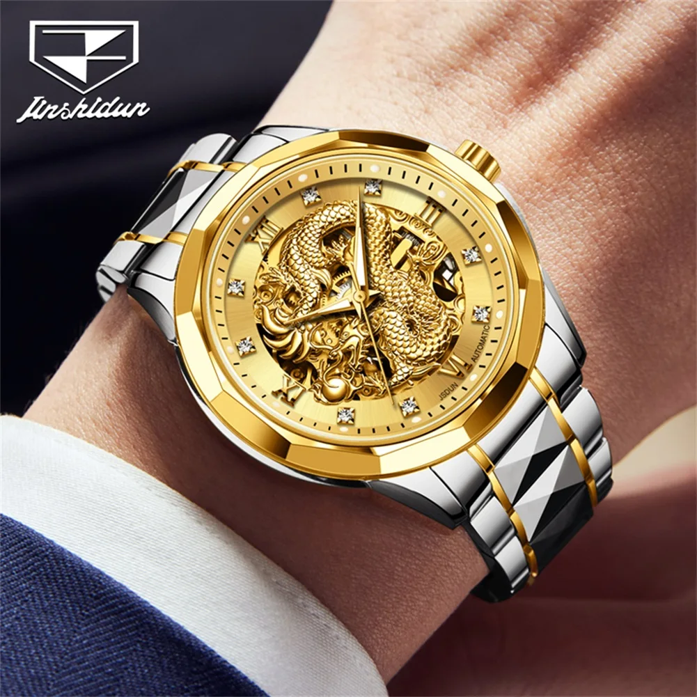 Мужские наручные часы JINSHIDUN 8840 Dragon Watch, роскошные, с ажурным циферблатом, бриллиантовой инкрустацией, HD-подсветкой, водонепроницаемые, автоматические, механические. (art.: 3920dae64aef8) - 3920dae64aef8