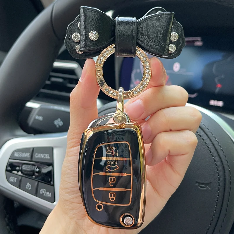 

Leather Bow Keyring Flip Folding Key 4 Button Tpu Car Key Case Cover for Hyundai Sonata 2015 Key Shell Fob Car Accessories