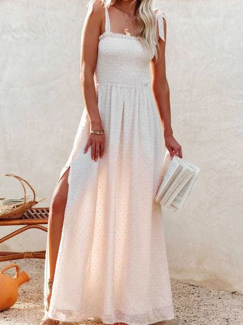 

Lady Sleeveless Backless Long Dress Elegant High Split Ruffle Sling Beach Dress 2022 Summer Sexy Off Shoulder Lace-Up Bow Dress