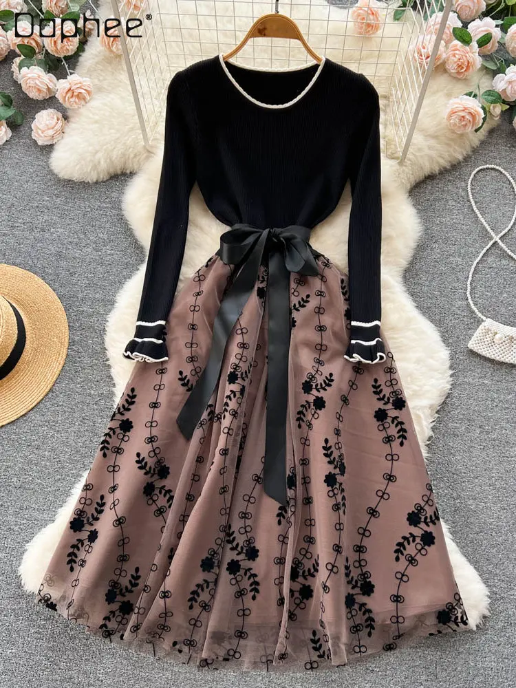 

Printed Contrast Color Long Sleeve Mid Dress Autumn Clothing Women's Clothing Temperament Goddess Waist-Tight A- Line Dresses