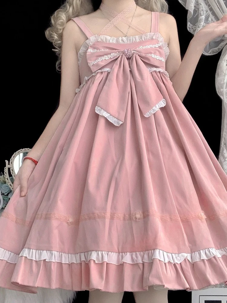 

KIMOKOKM Kawaii Lovely Princess Style Fairy Dress Square Collar Bow Lace Ruffle Sleeveless Sweet Pink Lolita Camisole Dresses