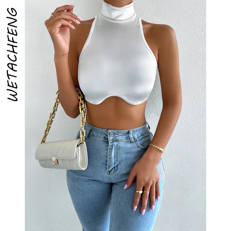 

Sexy Solid Summer Tank Tops Turtleneck Sleeveless Crop Tops Y2K Streetwear Fashion Elegant White Vest T Shirts Women Clothes