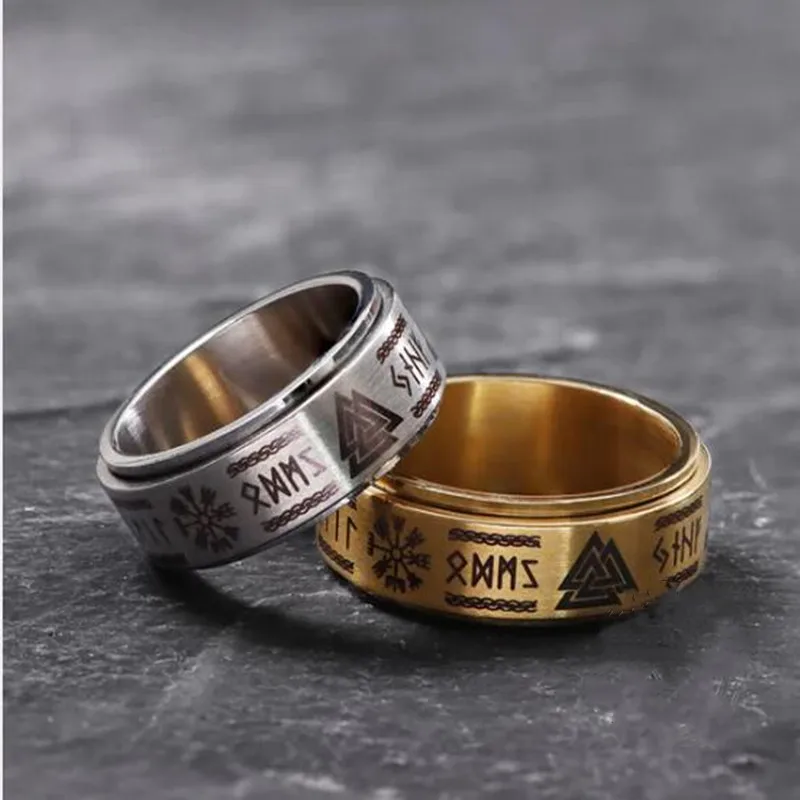 

New Nordic Viking Text Rotatable Titanium Steel Couple Ring Rune Decompression Men's Ring Jewelry Available Wholesale