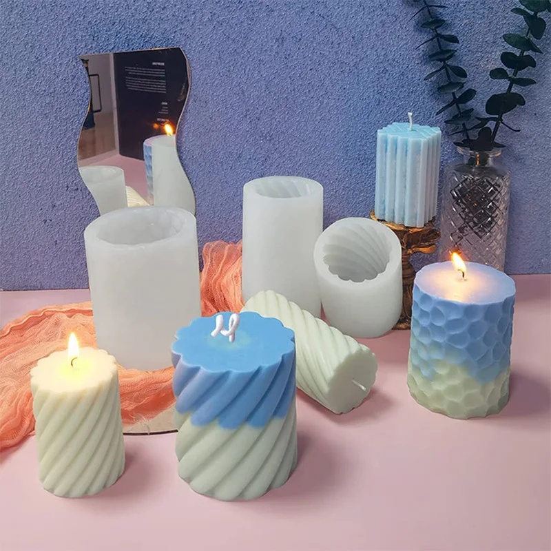 

Cylindrical Tall Pillar Candle Molds Ribbed Aesthetic Twist Silicone Mould Geometric Abstract Striped Soy Wax Mold Home Decor