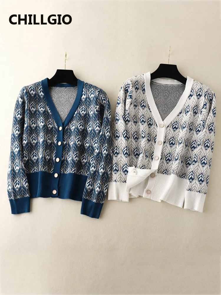 

CHILLGIO Women Print Winter Warm Knitted Sweater Fashion Casual V Neck Long Sleeve Knit Tops Korean Party Thick Autumn Cardigans