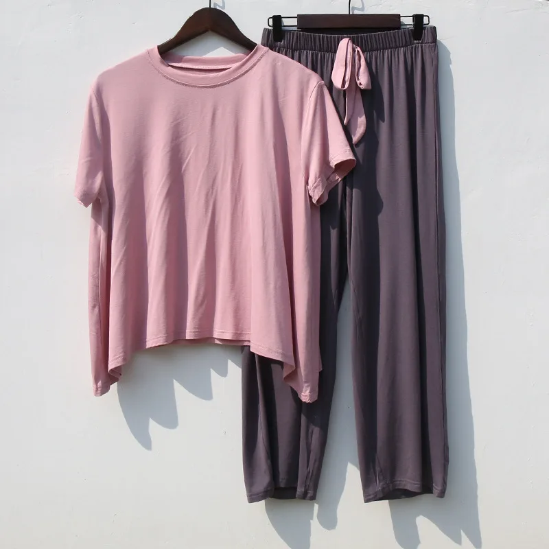Modal Pajamas Set Short Sleeve T-shirt Long Pants 2Piece/Set Summer Hot Pyjama Big Size Mom Homewear Cozy Plus Mom Sleepwear