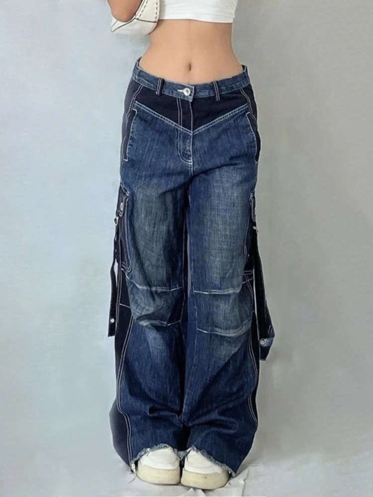 

WeiYao Contrast Patchwork Pockets Denim Cargo Pants Women American Retro Streetwear Low Waist Wide Leg Baggy Mom Jeans Blue