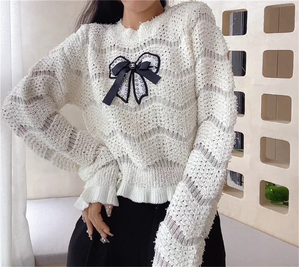

Женский вязаный свитер со стразами, белый шерстяной пуловер с круглым вырезом и оборками, короткий кашемировый пуловер во французском стиле, H117