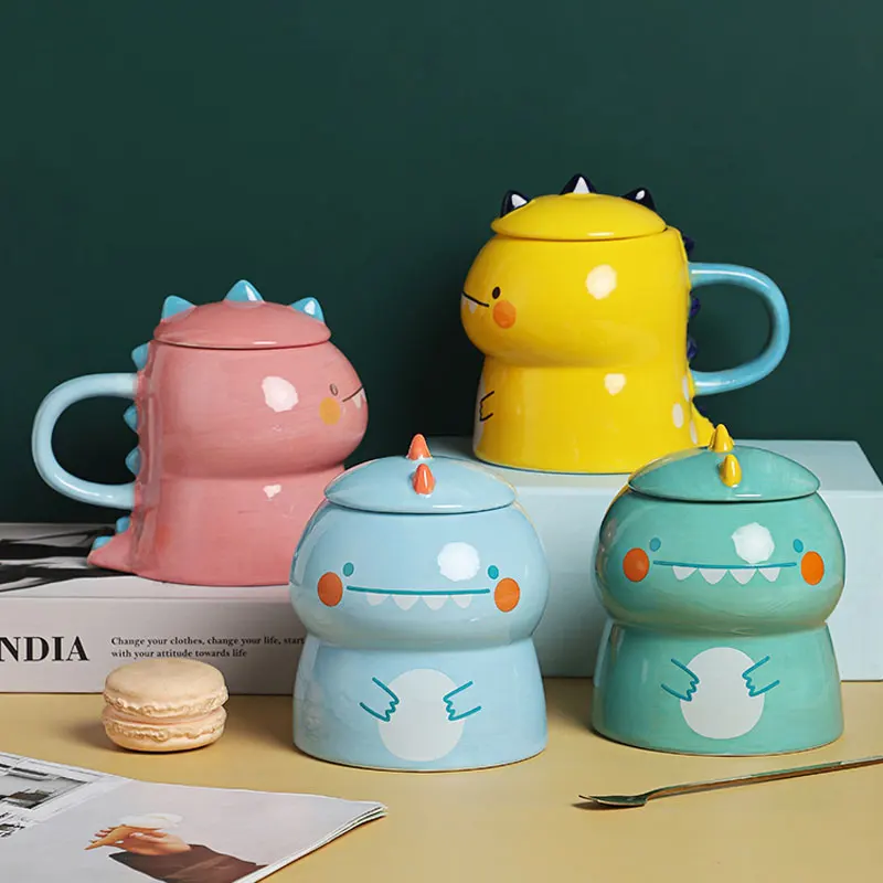 450ml Cartoon Hand Painted  Dinosaur Ceramic Mug With Lid Cute Animal Coffee Tea Milk Cup Drinkware Funny Gift For Kids Children