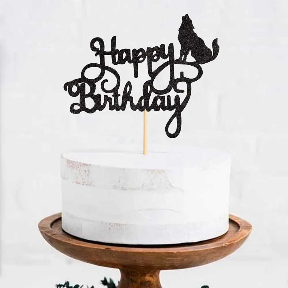 1 Pack Happy Birthday Wolf Cupcake Toppers Black Glitter Cake Animal Theme Baby Shower Party |