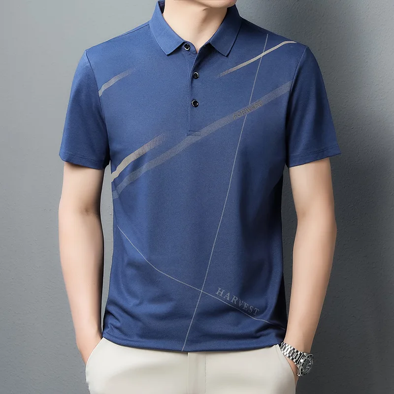 

VROKINO brand new summer Men's Business Casual Polo Shirts Men's Fashion Classic Striped Short Sleeve T-Shirt