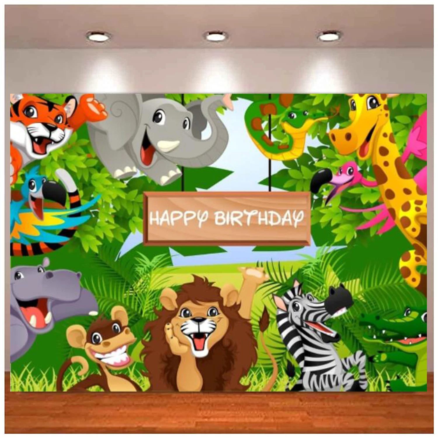 

Cartoon Safari Animals Photography Backdrop Happy Birthday Background Fauna Jungle Wildlife Zoo Themed Party Decor Photo Studio