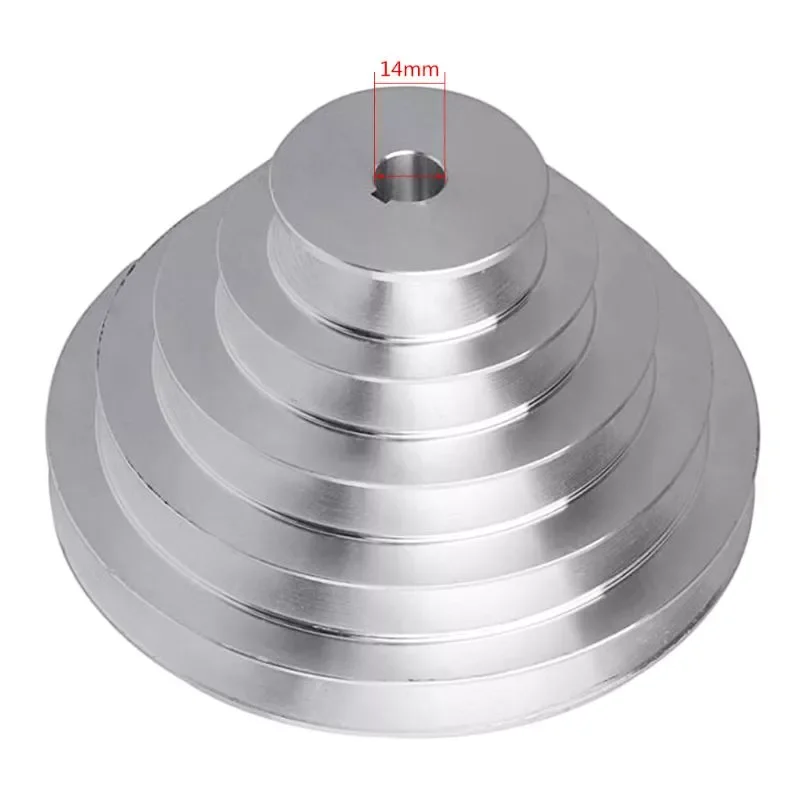 

Aluminum A Type 5 Step Pagoda Pulley Wheel 150mm Outer Diameter 14mm to 28mm Bore for V-shaped Timing Belt