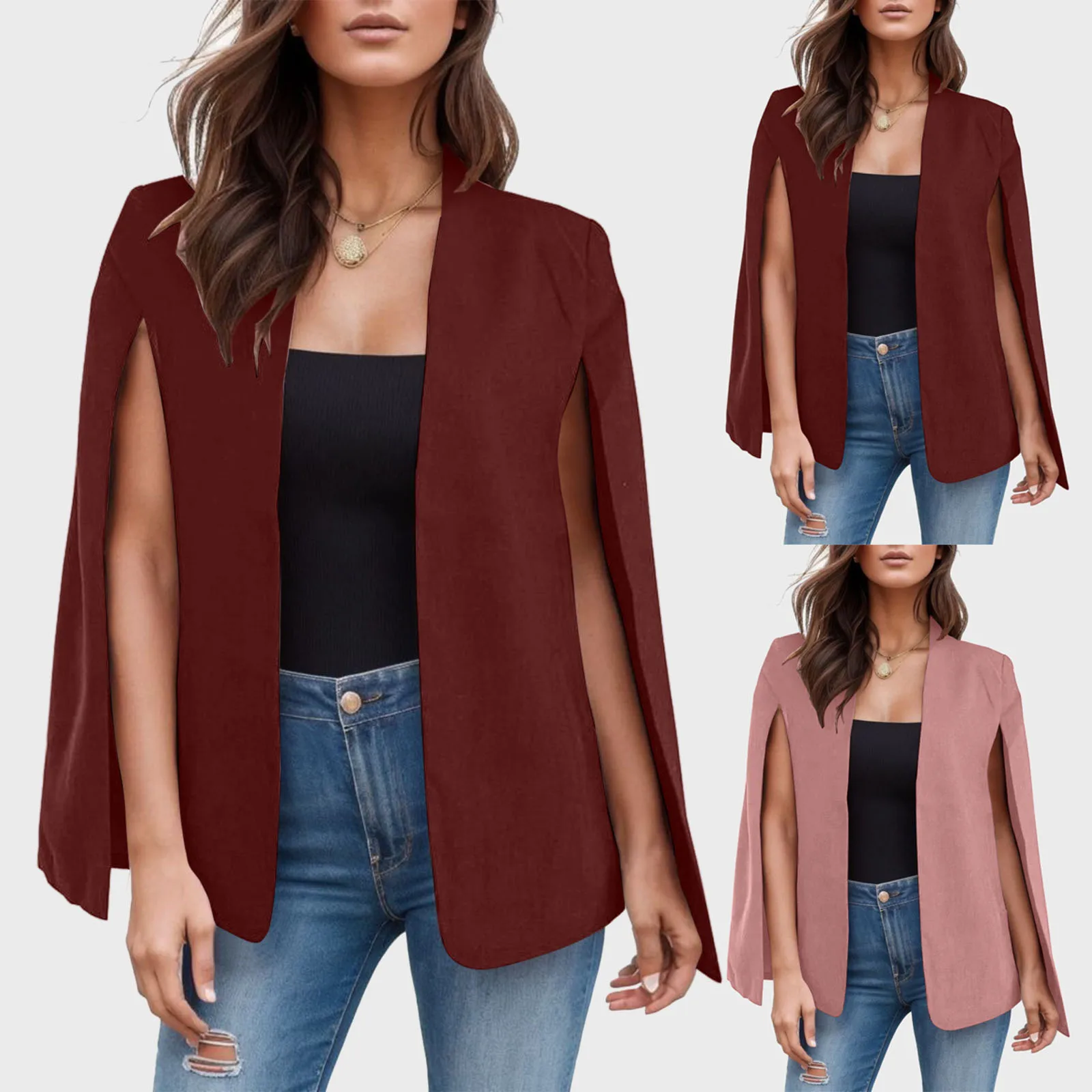 

Womens Cape Split Sleeve Open Front Casual Jacket Coat Workwear Textu Wool Coat