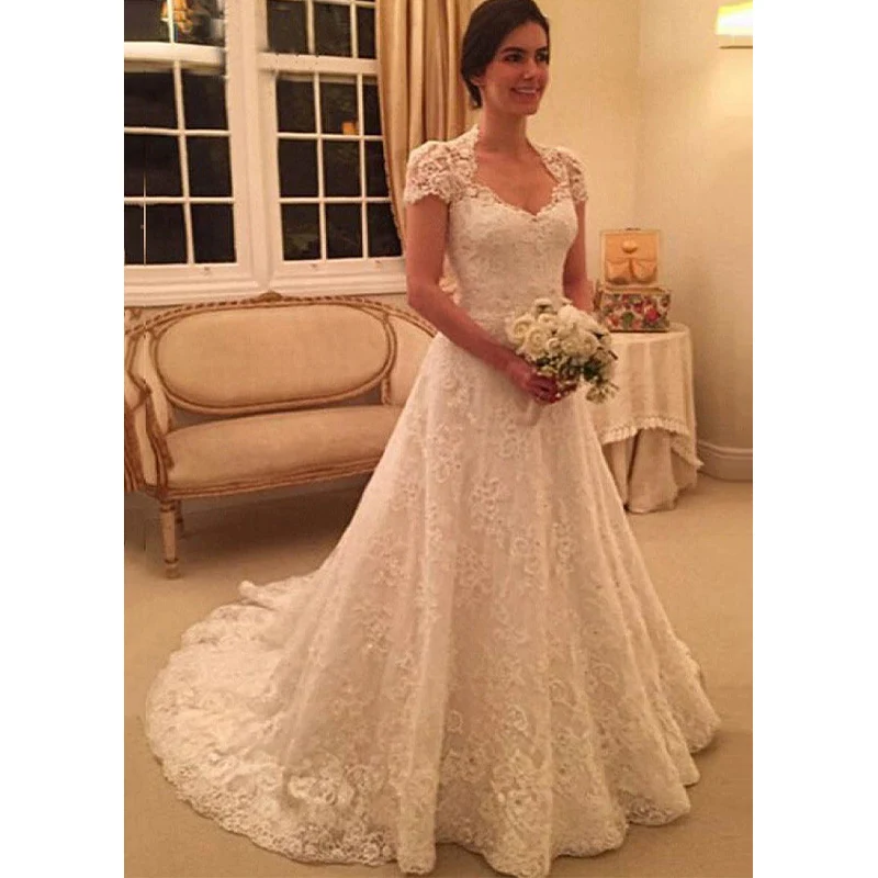 

Dobe De Mariage 2022 A -line White Lace Women's Wedding Dress Bride's Heart Hollow Short Sleeve Luxury Vestidos Novia Elegant