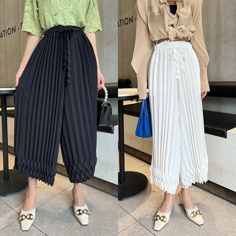 Miyake pleated ladies handmade pleated pants loose, breathable and comfortable personality belted elastic pants