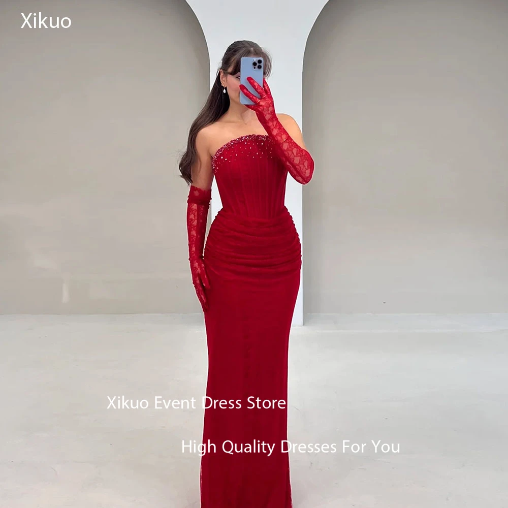 Фото Xikuo Red Lace Evening Dresses Formal Strapless Beading Saudi Arabric Party Gowns Appliques Luxurious Robe De Soirée Customized №1